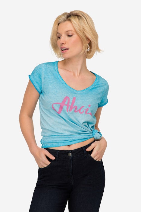 T-Shirt, Ahoi Schriftzug, V-Ausschnitt, Halbarm, OEKO-TEX Made in Green