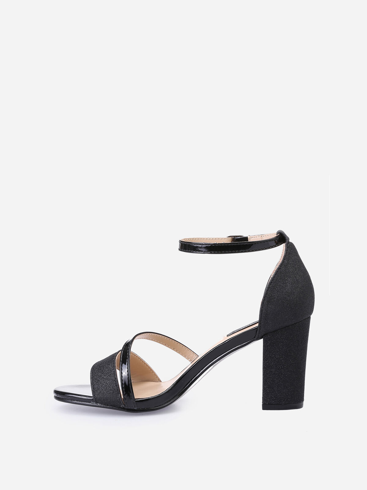 Sandales à talon scintillantes avec brides vernies- Noir