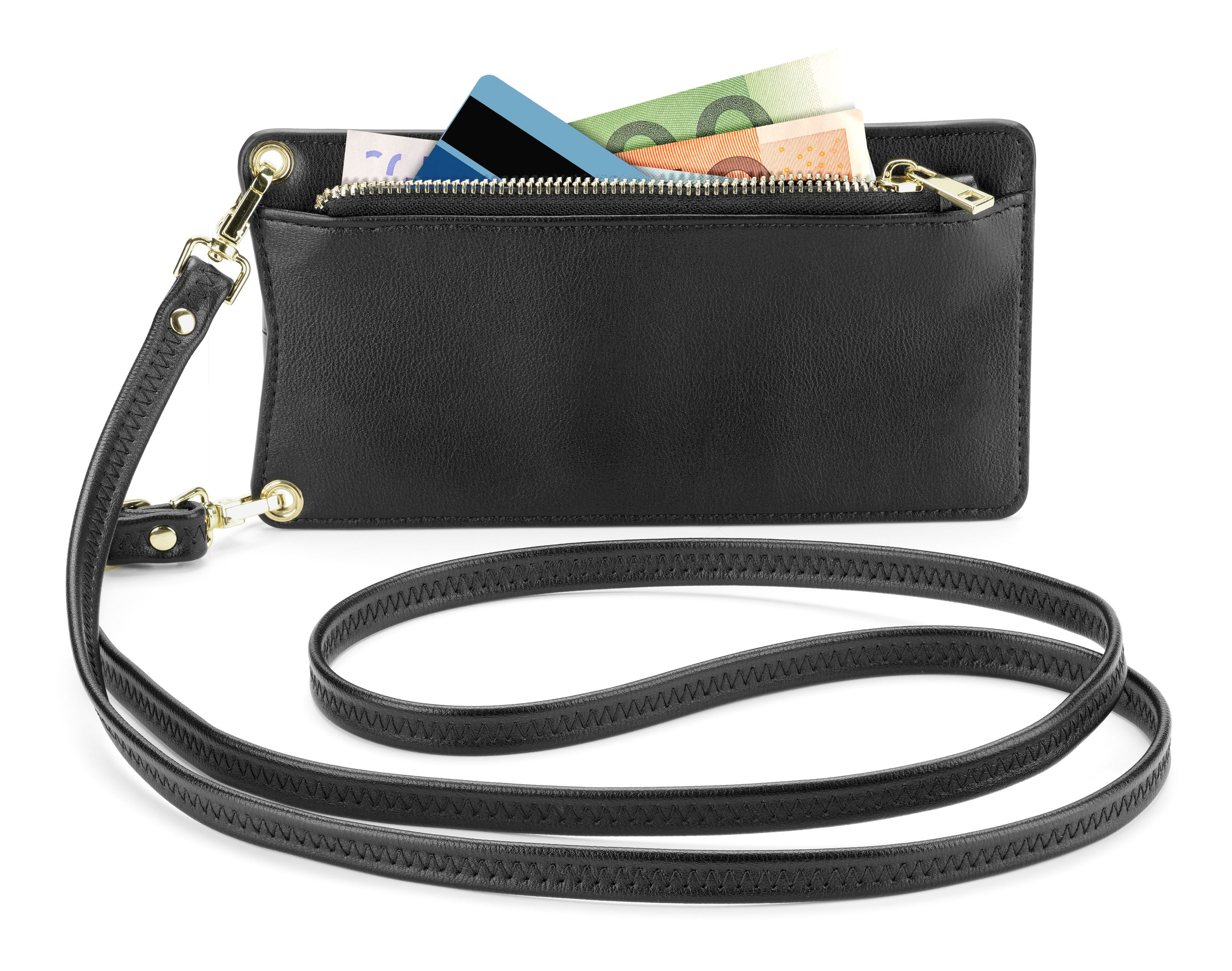 (19.5x11cm) Universal Necklace Handy Leder Umhänge Tasche mit Kartenfach (MINIBAGESSENTIALK) - Schwarz