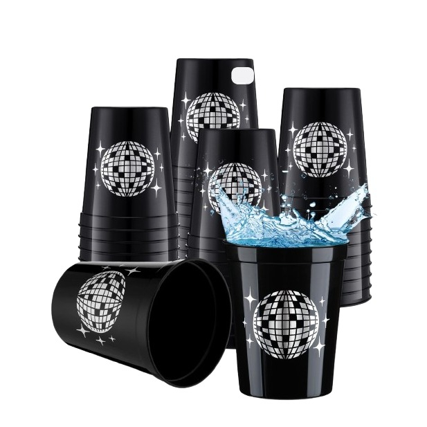 (12er Set) Mehrweg Becher Wiederverwendbare Disco Party Cups Discokugel Tisch Deko - Schwarz