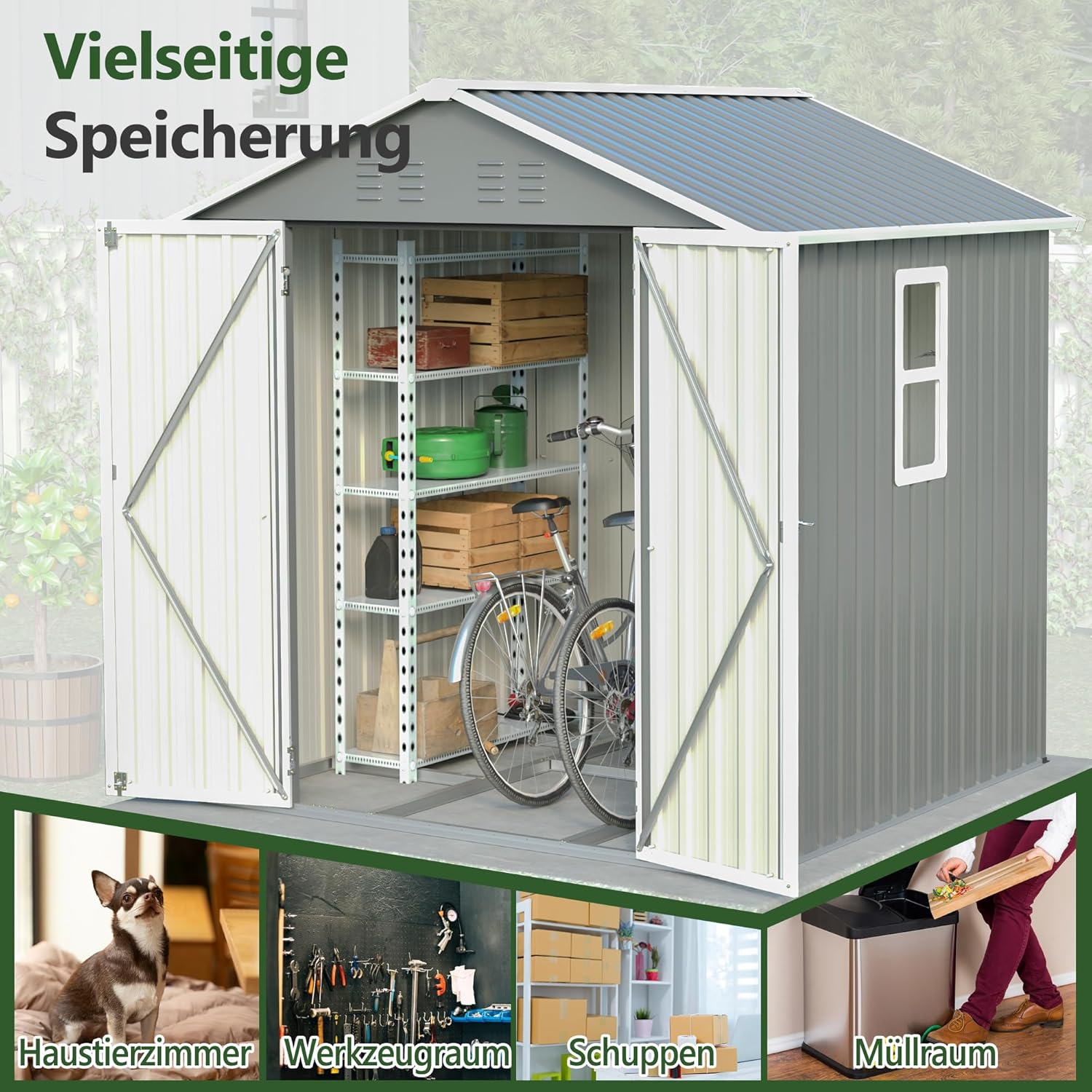 Metall Gerätehaus Gartenhaus 185x182x191cm, Geräteschuppen mit Fenster & Satteldach, wetterfest Gartenschuppen Inkl. Metallfundament (ohne Boden) für Outdoor Garten Terrasse, Grau
