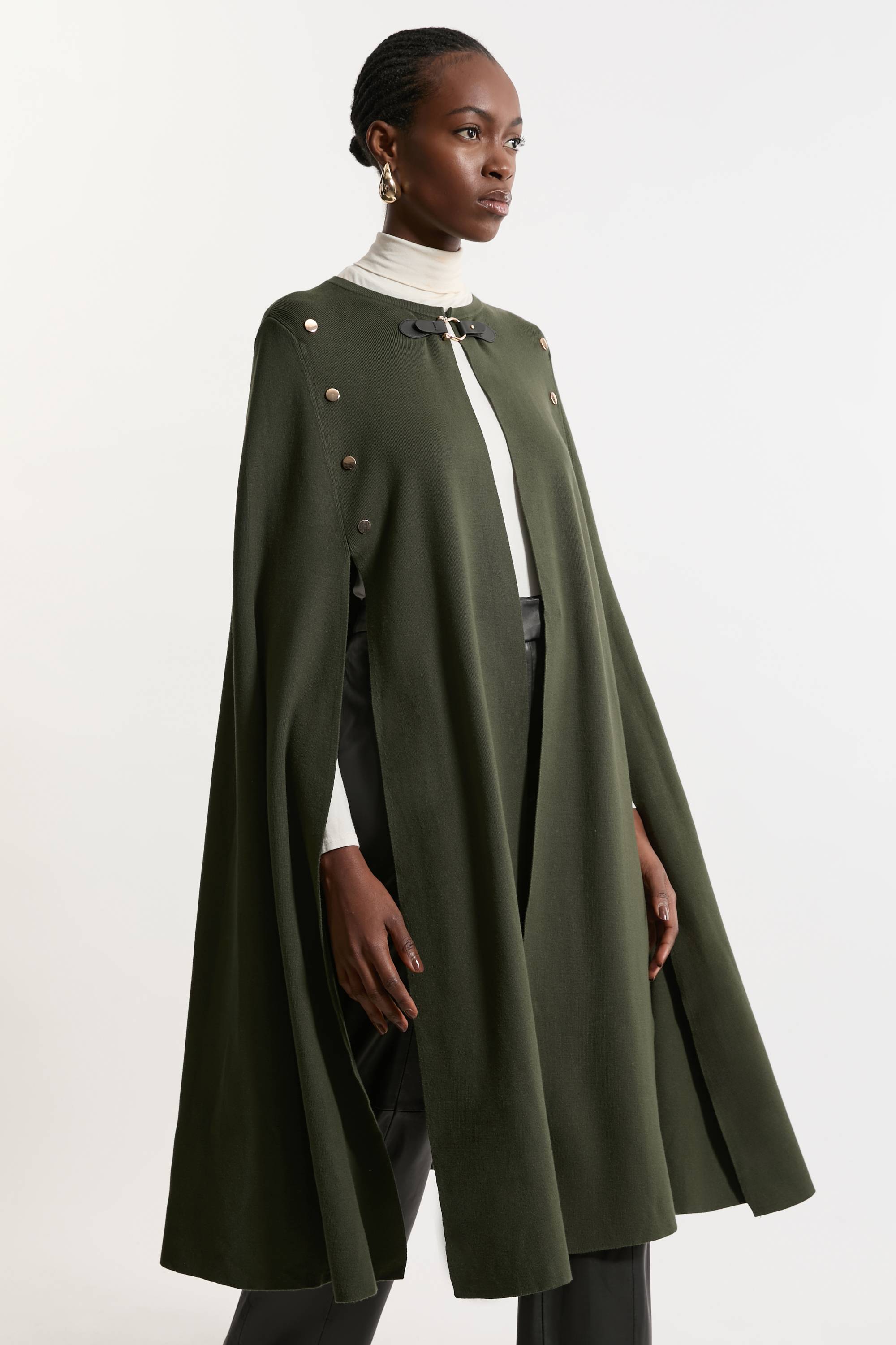KarenMillen Cape Longue Militaire en Maille Mélange Viscose Taille Haute
