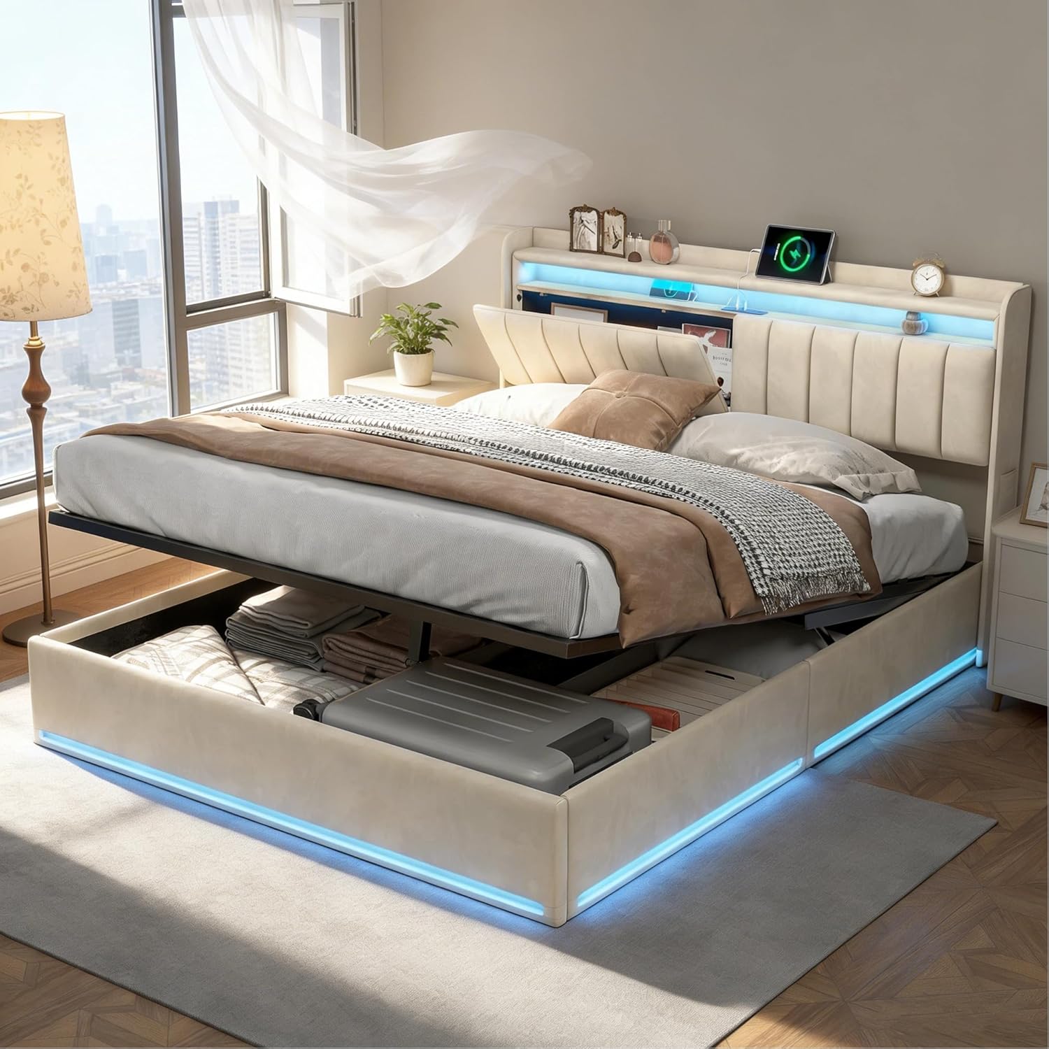 Polsterbett 140x200 mit Stauraum, Doppelbett mit LED/USB, Hydraulisch Stauraumbett, Jugendbett mit kopfteil und Lattenrost, Bettrahmen für Erwachsene, Samt (Beige, 140 x 200 cm)