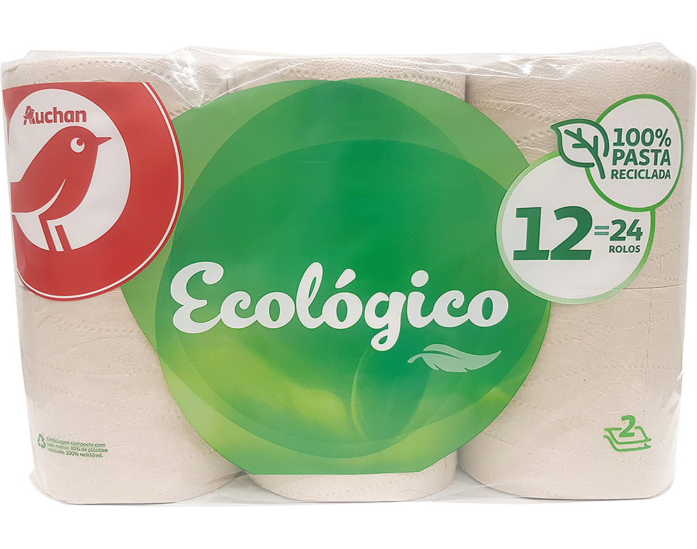 PAPEL HIGIÉNICO AUCHAN ECOLÓGICO 2 FOLHAS 100% PASTA RECICLADA 12 ROLOS = 24 ROLOS