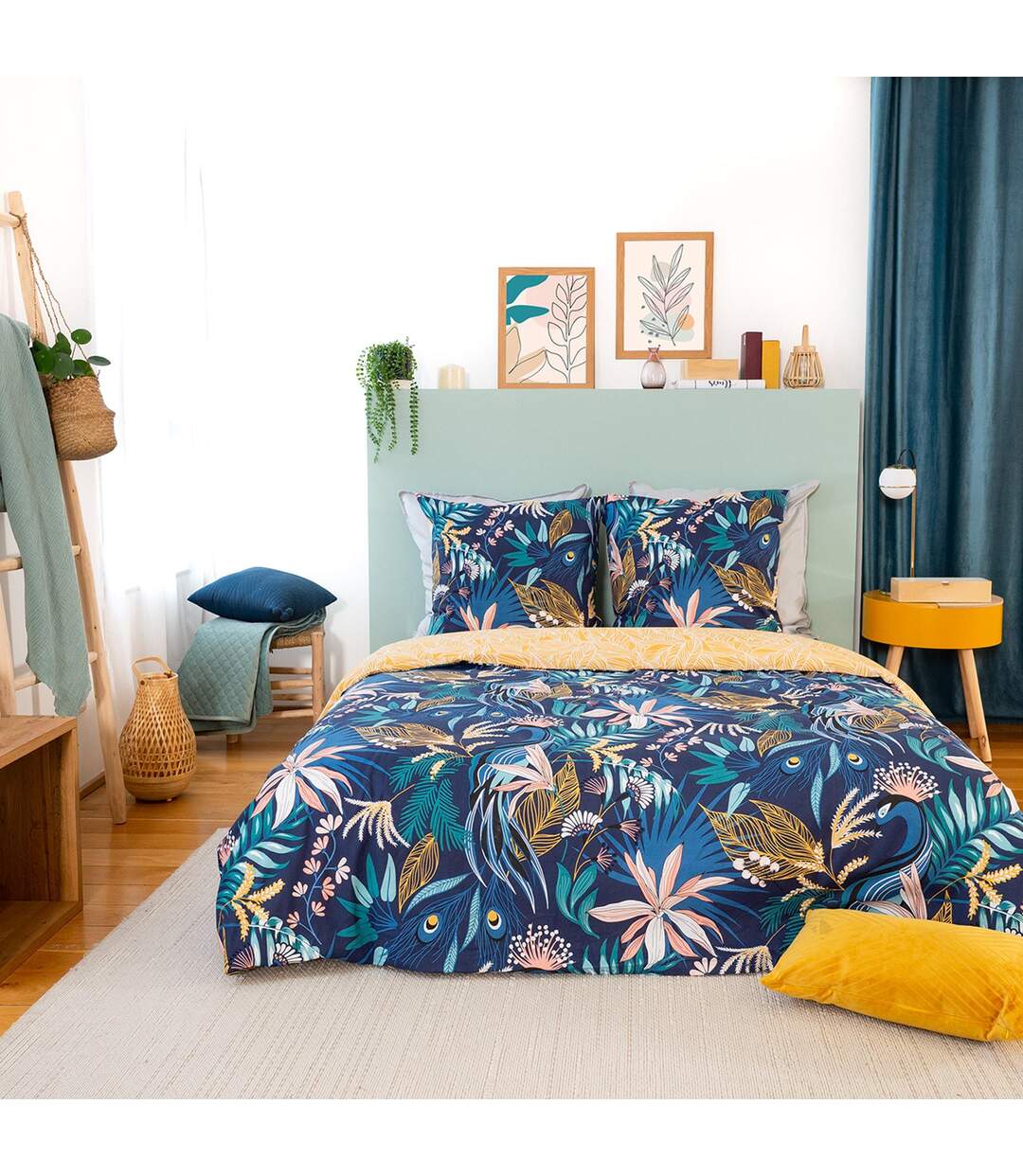 Parure de lit 260x240 cm coton bci adouci AGLAE bleu 3 pièces