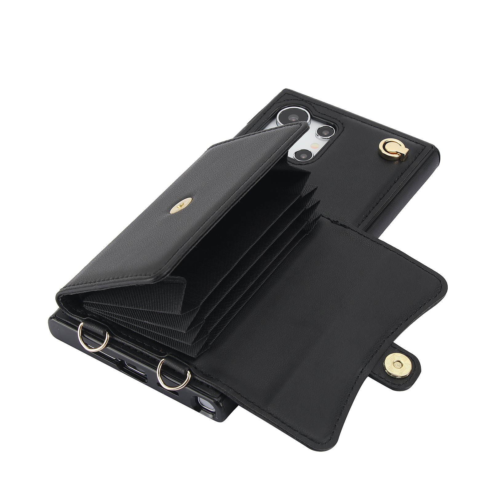 Samsung Galaxy S24 Ultra Necklace Leder Schutz Hülle mit Kartenfach   Handykette (140cm) - Schwarz