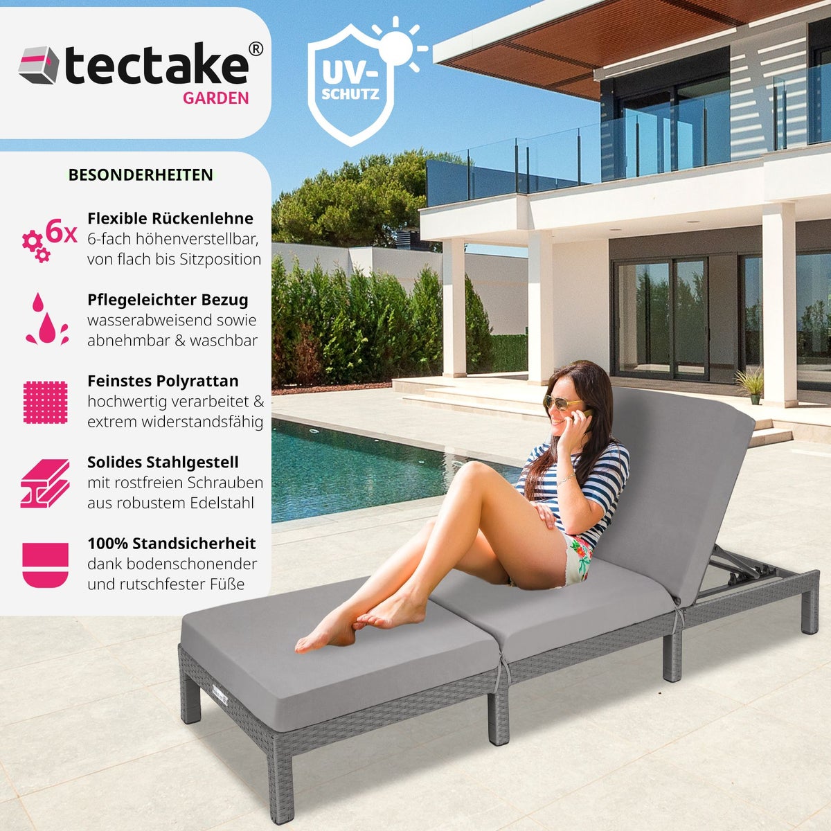 Rotan ligstoel tectake Sofia duurzaam 196 x 66 x 27 cm