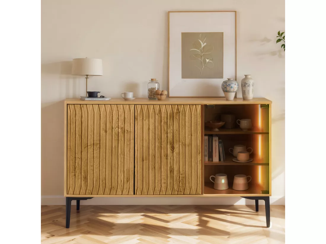 Buffet, meuble de salle de bain avec 3 portes - 120 x 35 x 80 cm - Bois MDF + verre - LEDs - Naturel