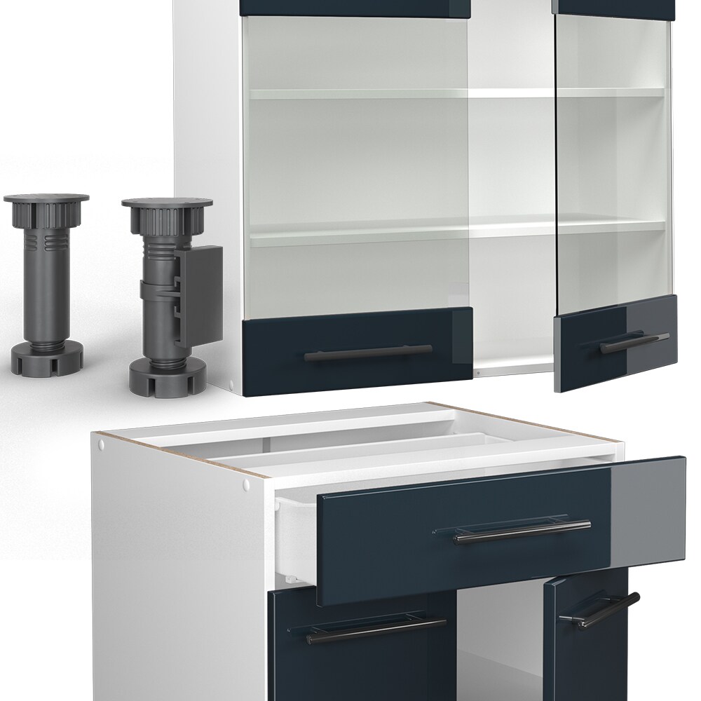 Vicco Küchenzeile Fame-Line Weiß Dunkelblau Hochglanz 140 cm mit Arbeitsplatte Anthrazit