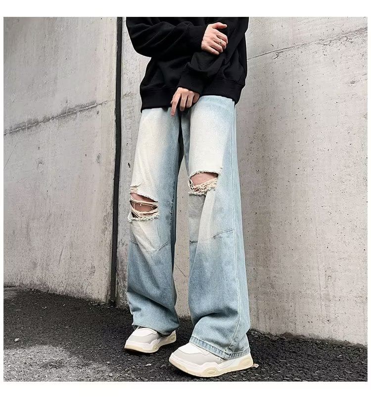 Kenning - Mid Rise Washed Distressed Wide Leg Jeans