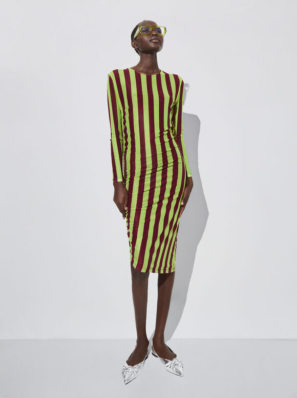 Vestido midi de tule listrado - Multicolorido