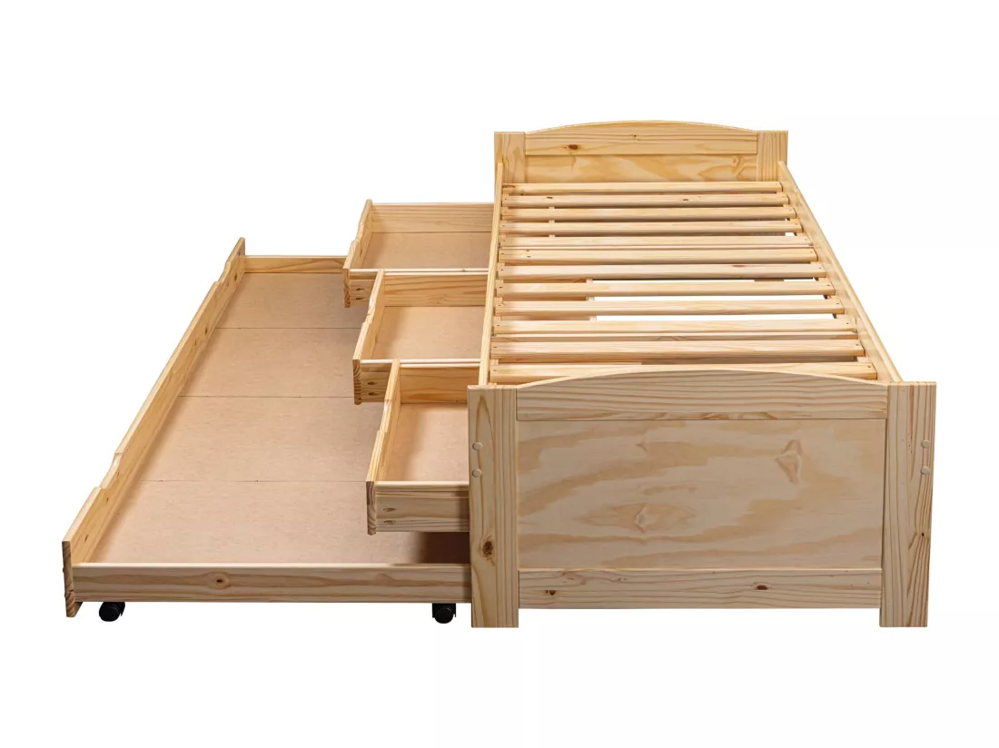 Lit gigogne 3 tiroirs en bois massif imitation chêne clair 90x200 - LT12006