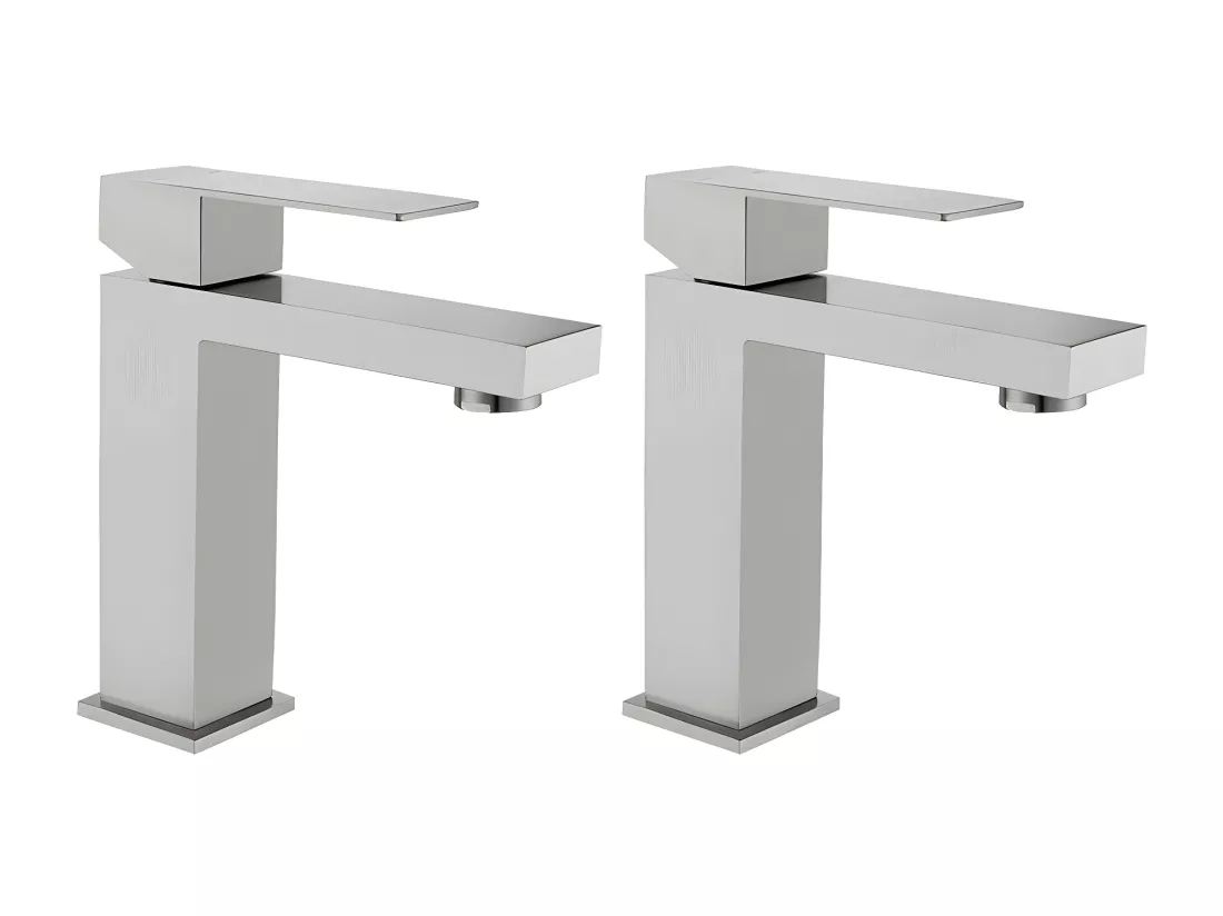 Lot de 2 robinets mitigeurs mécaniques carrés en inox - Coloris nickel brossé - H17,3 cm - CANILAS