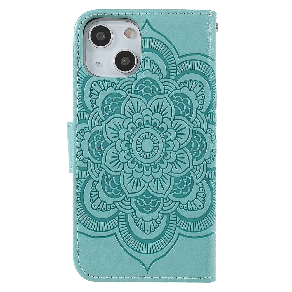 iPhone 13 Leder Tasche Wallet - Mandala Flowers Imprint - Türkis