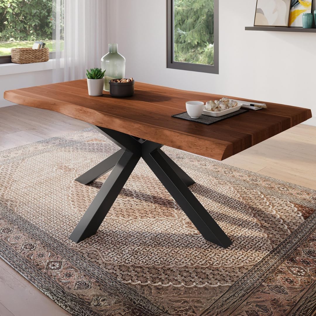 Esszimmertisch 180x90 cm, Akazienholz massiv 25+25mm, Tischplatte nussbaumfarben, echte Baumkante, Spider Gestell schwarz, Baumkantentisch