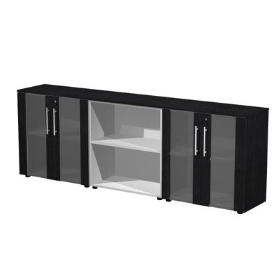 Armoire basse triple Flora - L243xP43xH81,4 cm - 4 portes vitrées - 3 étagères - frêne noir