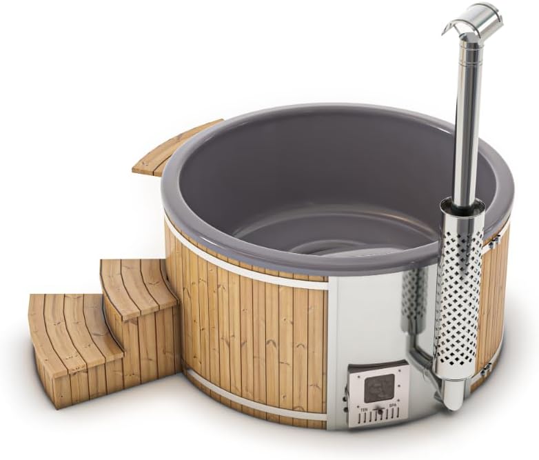 Holz Badefass Stockholm aus Thermoholz, Hot Tub Ø 180 cm, 8 Personen, inkl. Edelstahl-Ofen (30 kW), Minibar, Schwimmbecken, Badebottich, Badezuber