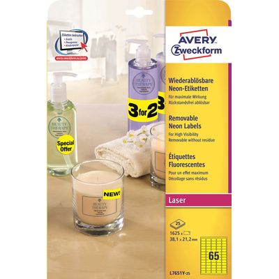 Avery - 1625 Étiquettes amovibles jaune fluo - 38,1 x 21,2 mm - Impression laser - réf L7651Y-25