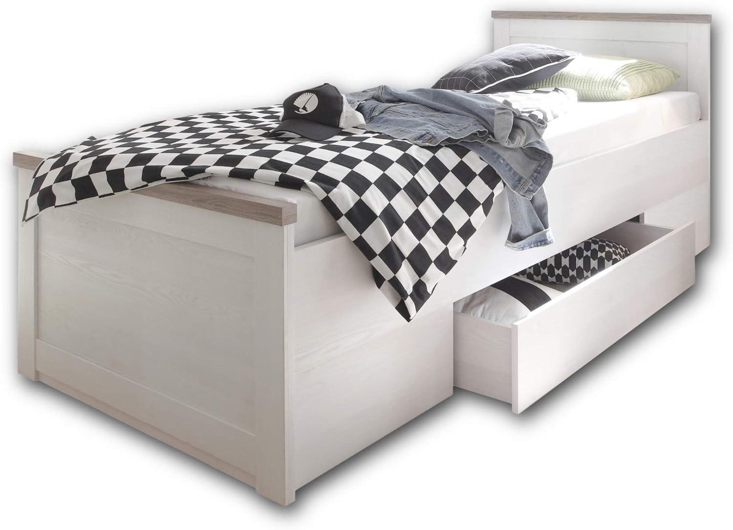 Stella Trading Stilvolles Einzelbett 90 x 200 cm mit Bettkasten - Komfortables Landhausstil Jugendzimmer Bett in Pinie Weiß / Trüffel - 96 x 90 x 205 cm (B/H/T)
