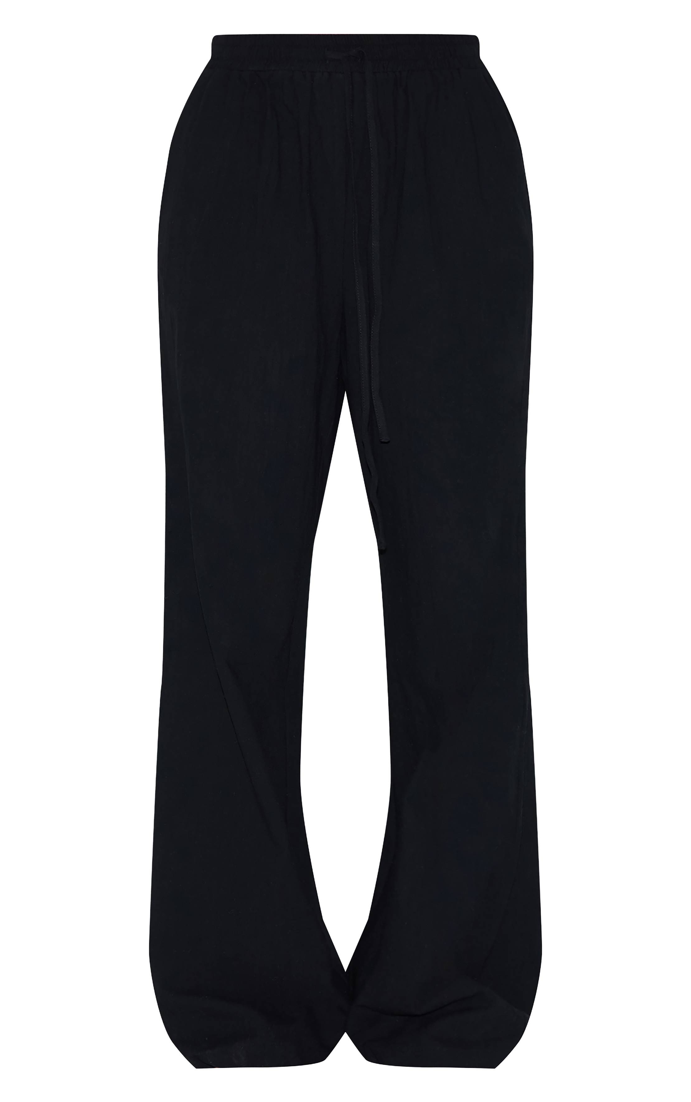 Noir Pantalon Large À Cordon De Serrage Aspect Lin Taillé