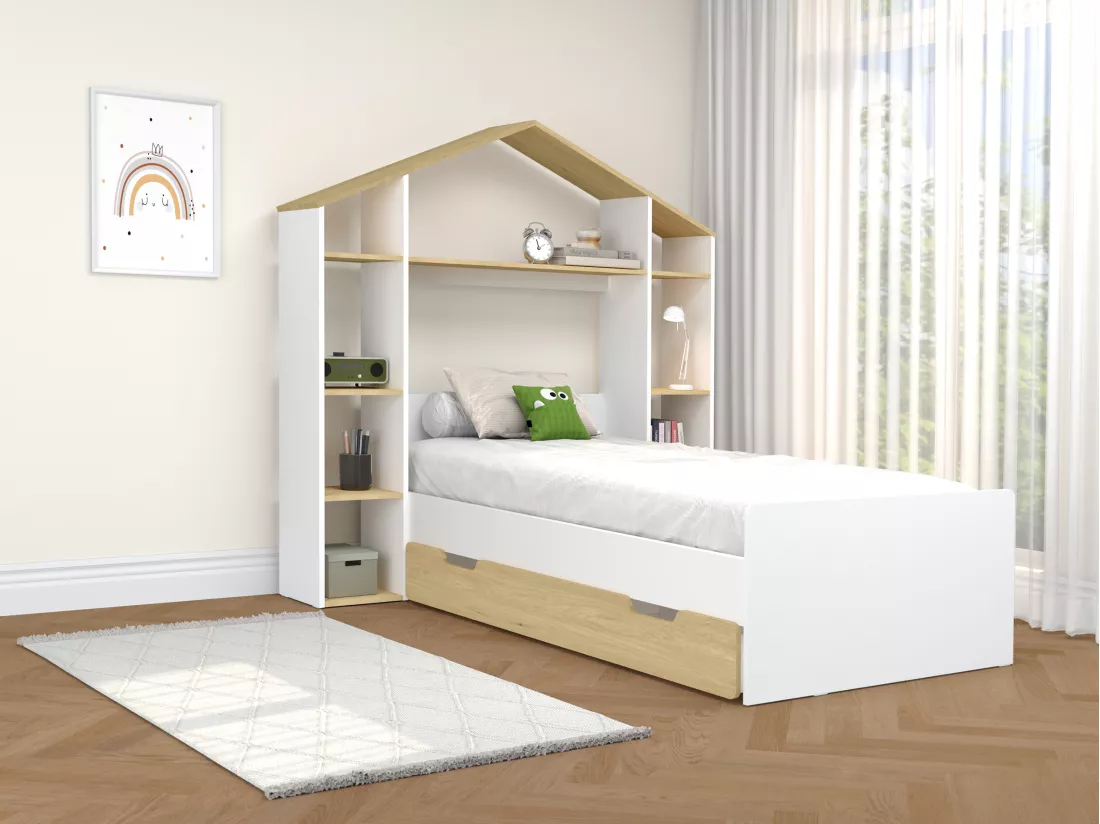 Lit cabane 90 x 190 cm - Coloris : Blanc et naturel - JERACO