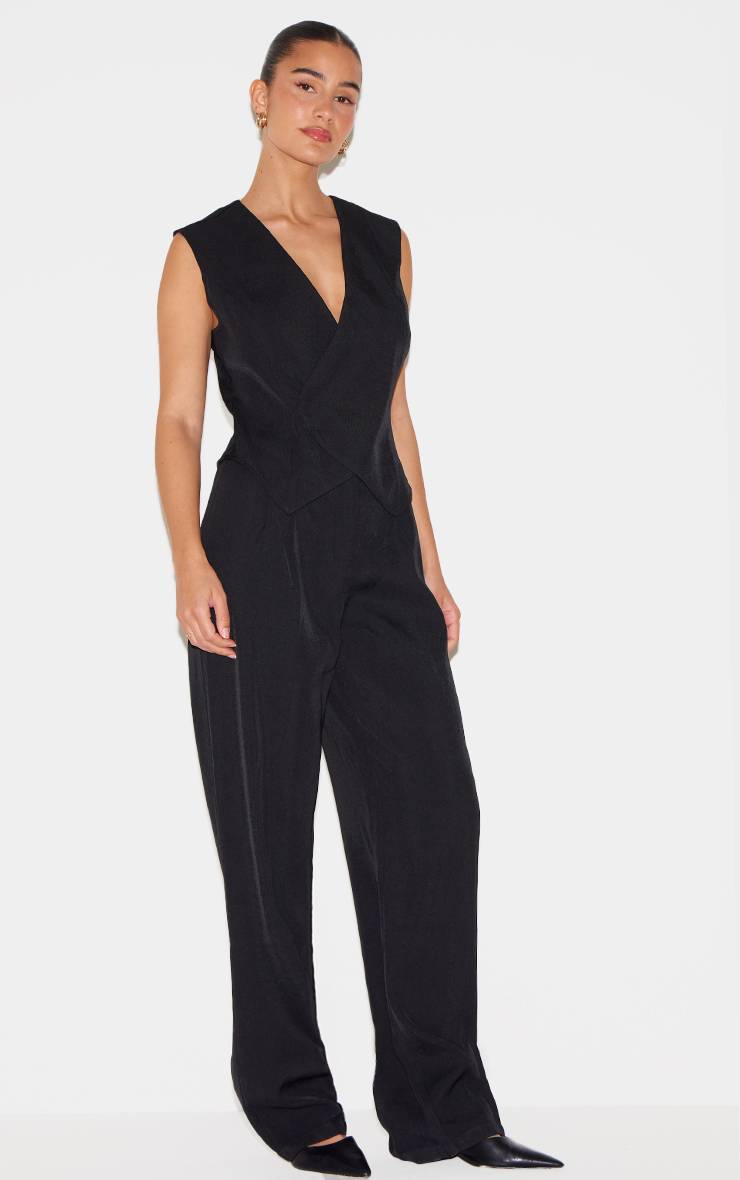 Noir Combinaison-pantalon Jambe Droite À Détail Asymétrique De Gilet Tissé
