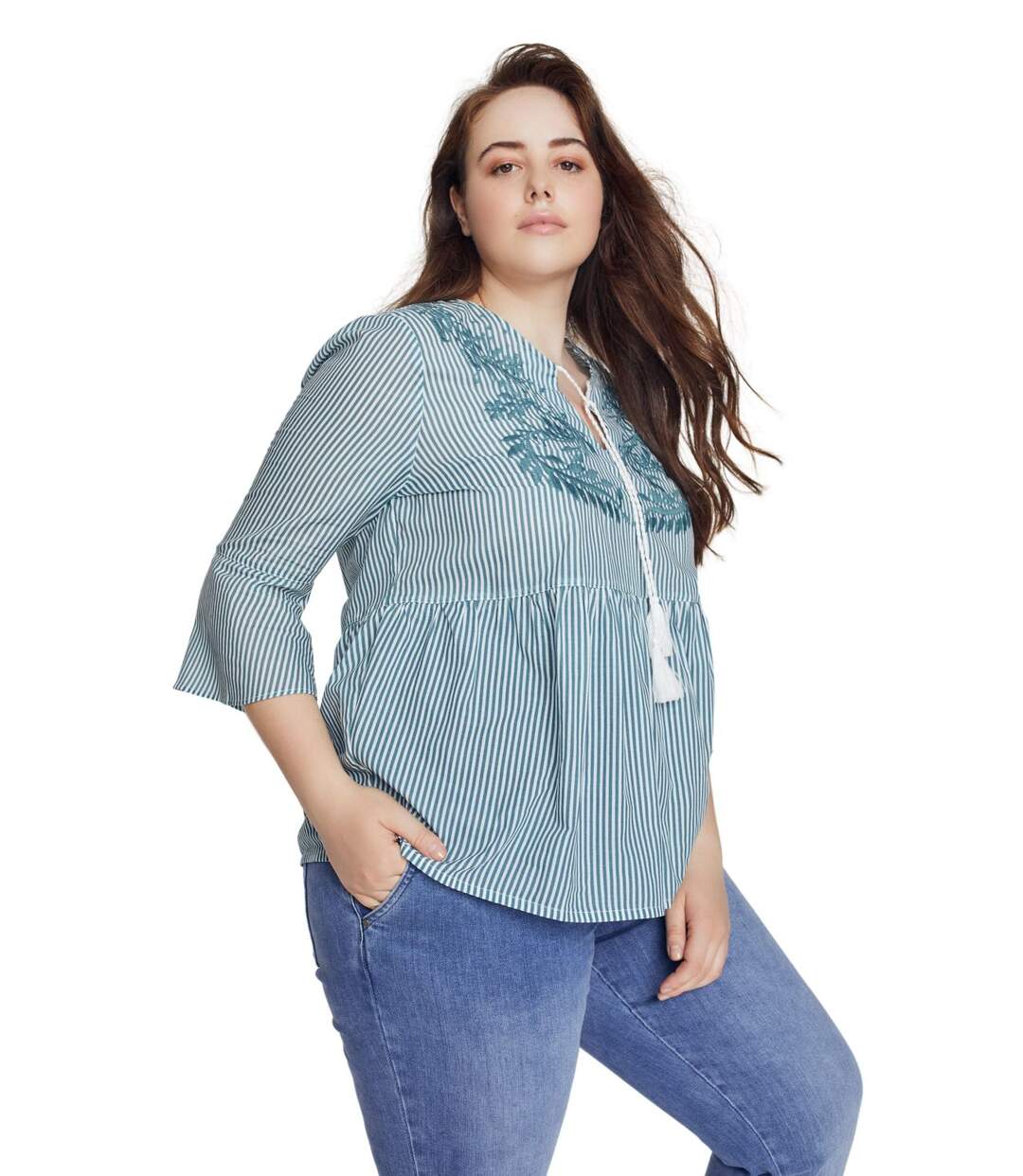 ULLA POPKEN Tunique Bellieva rayures col rond manches 3/4 GOTS vert turquoise NEUF
