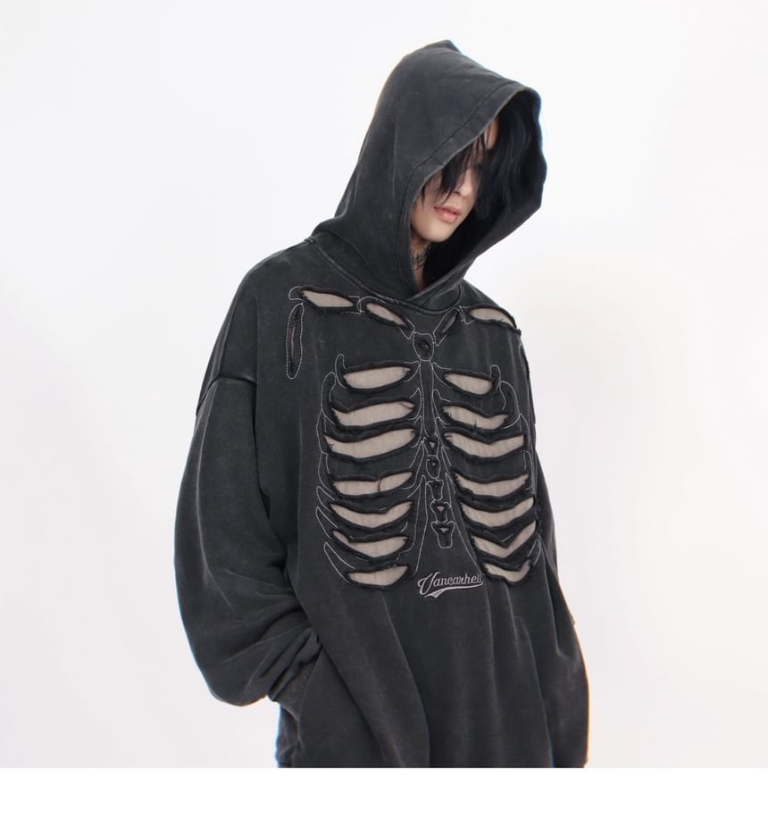 Derbundy - Lange mouwen skeletprint hoodie met distressed wash