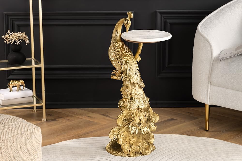 Riess Ambiente Runder Beistelltisch Wildlife Peacock - 75cm - Gold antik weiß - Metall Marmor Pfauen-Skulptur