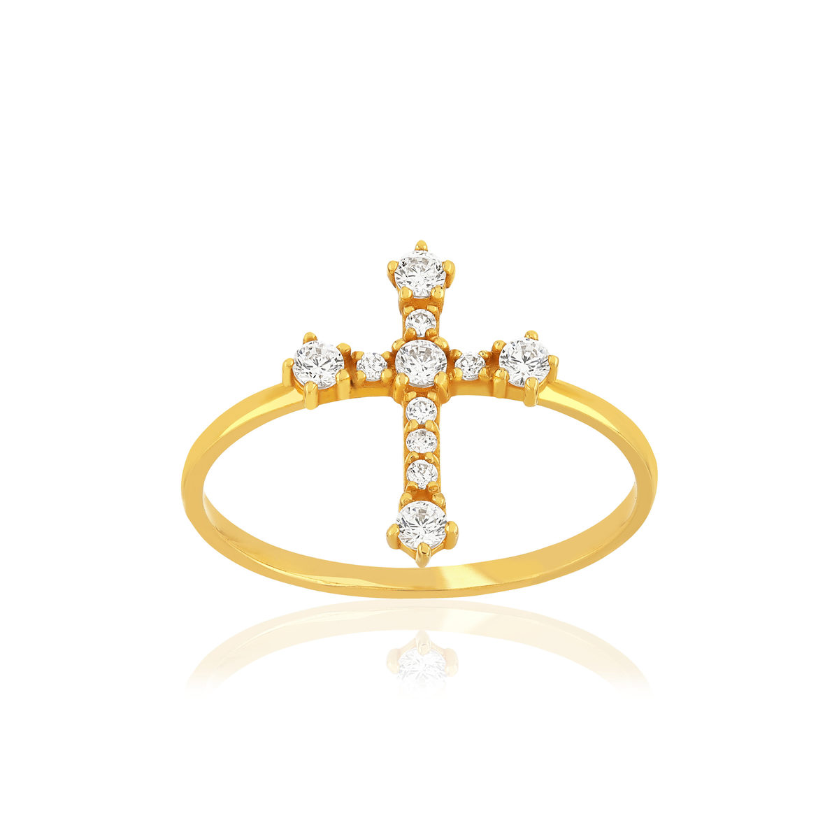 Bague or 375 jaune zirconias blancs croix