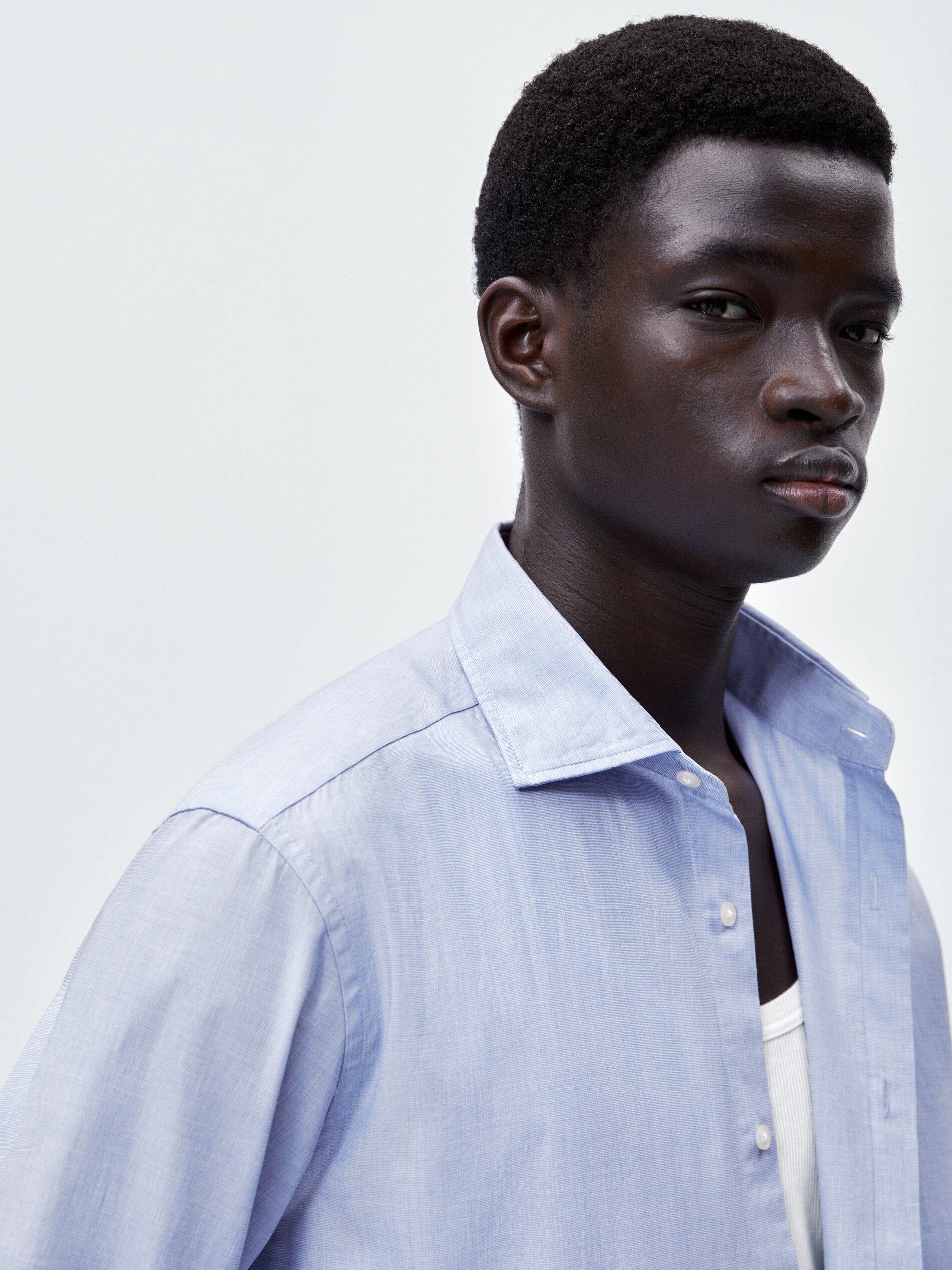 Camisa slim fit de algodão fil a fil - CELESTE