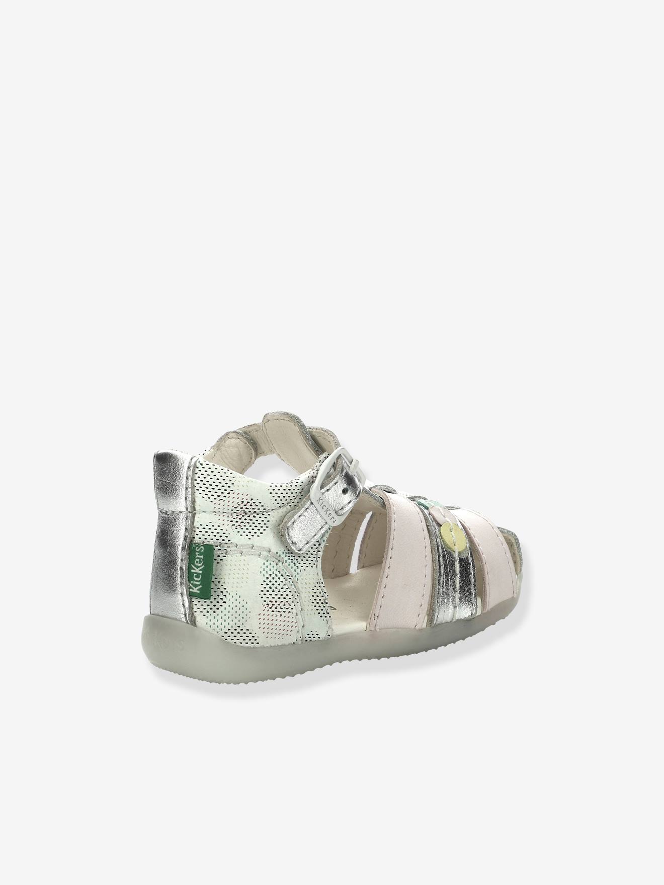 Sandálias infantis KICKERS® Bigfly-2 Iconique Biboo em couro, branco claro com estampa.