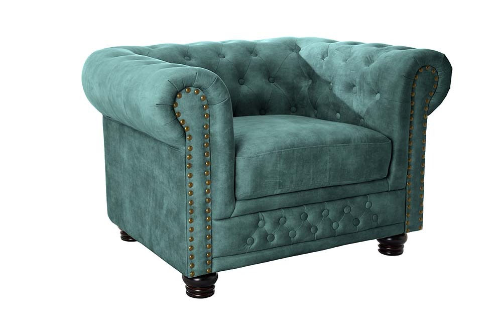 Barocker Sessel CHESTERFIELD petrol Samt Federkern goldene Nieten mit Knopfheftung