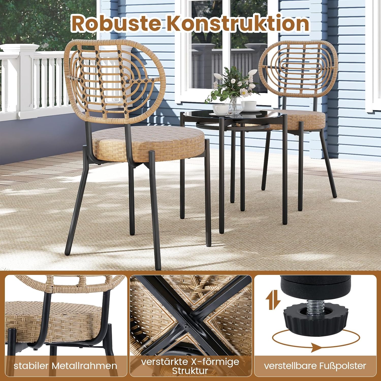 COSTWAY Rattan Gartenmöbel Set, Balkonmöbel Kleiner Balkon, 3-TLG. Balkonset mit 2 Stühle und 1 Tisch, Terrassenmöbel, Gartengarnitur für 2 Personen, Sitzgruppe für Garten, Terrasse