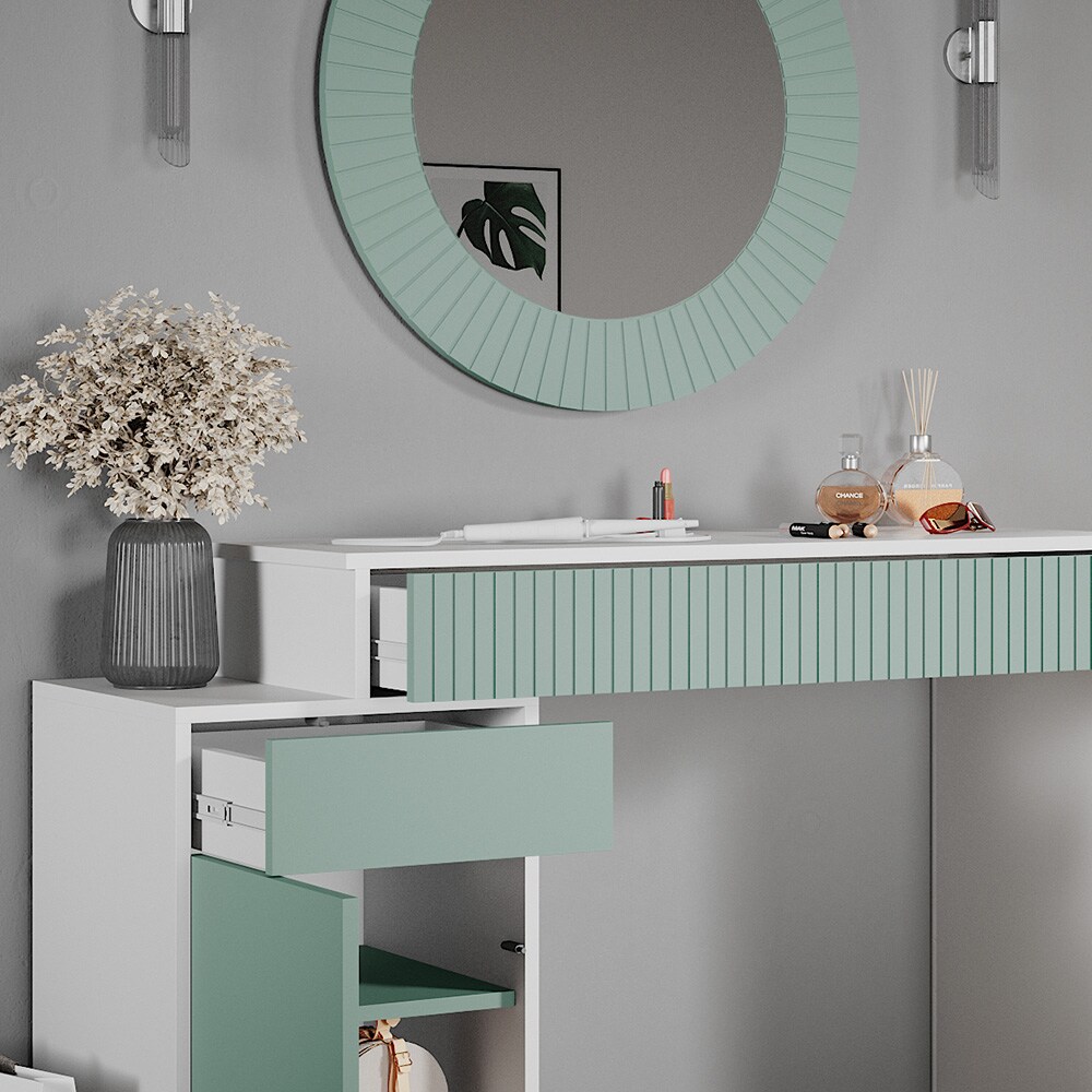 Vicco Schminktisch Frisiertisch Kosmetiktisch Arles Weiß Mintgrün Schminkspiegel Bank 120x77 cm Skandi Schlafzimmerkommode Schminkkommode Schublade Ablage Aufbewahrung Frisierkommode Make-Up-Tisch