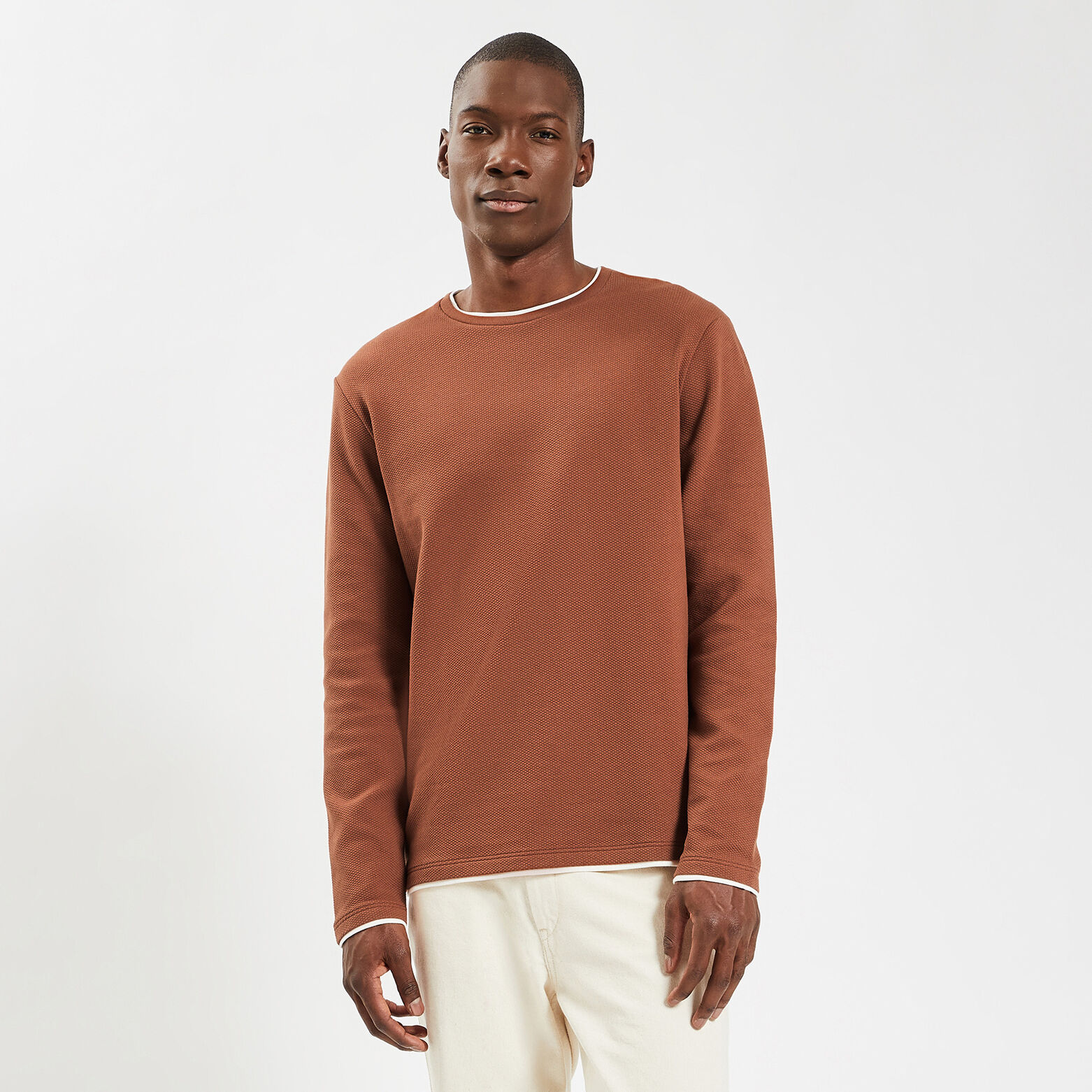 Tee shirt double col matière fantaisie Marron