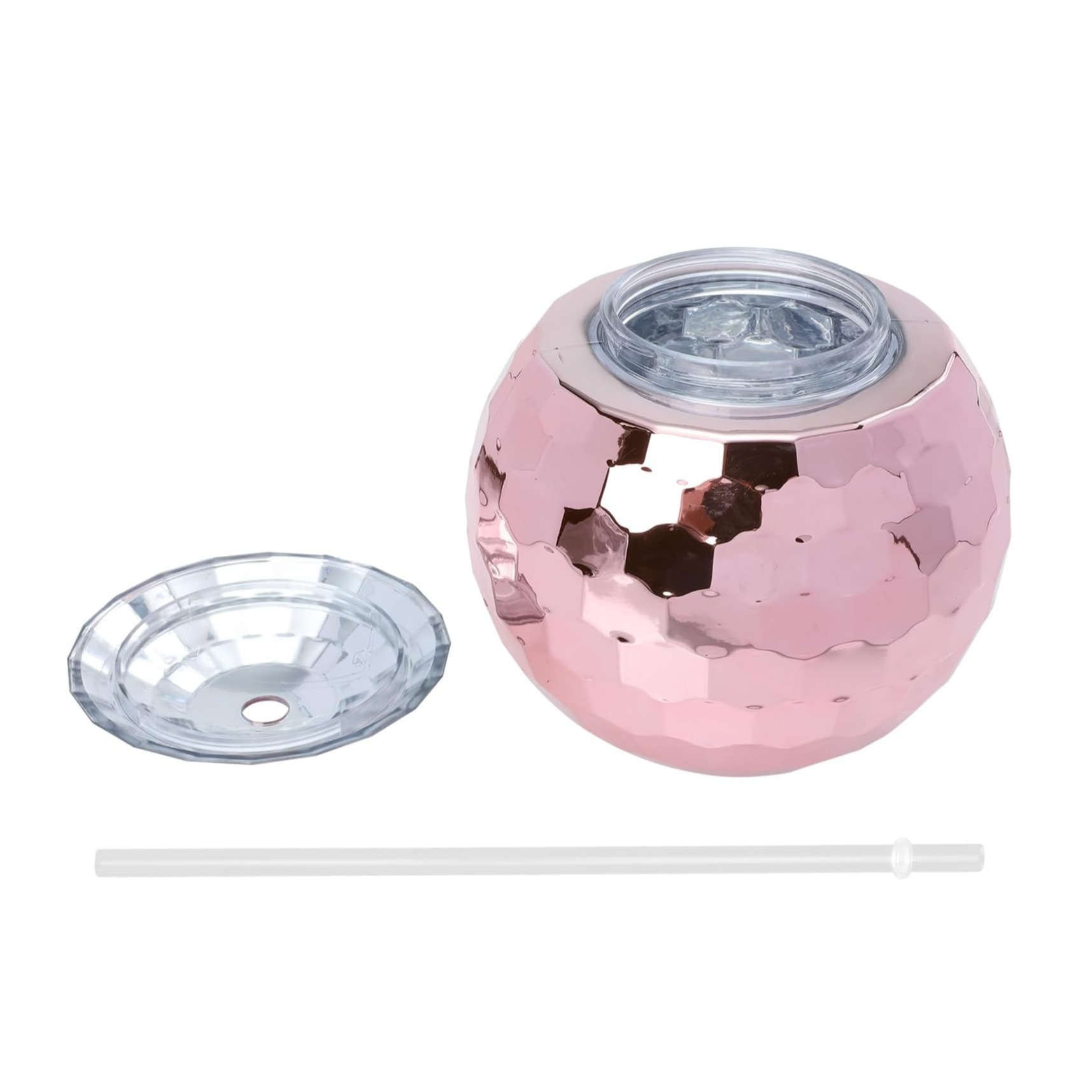 (580ml) Mehrweg Discokugel Cocktail Trinkbecher Sommer Party Deko Getränke Becher mit Strohhalm - Roségold