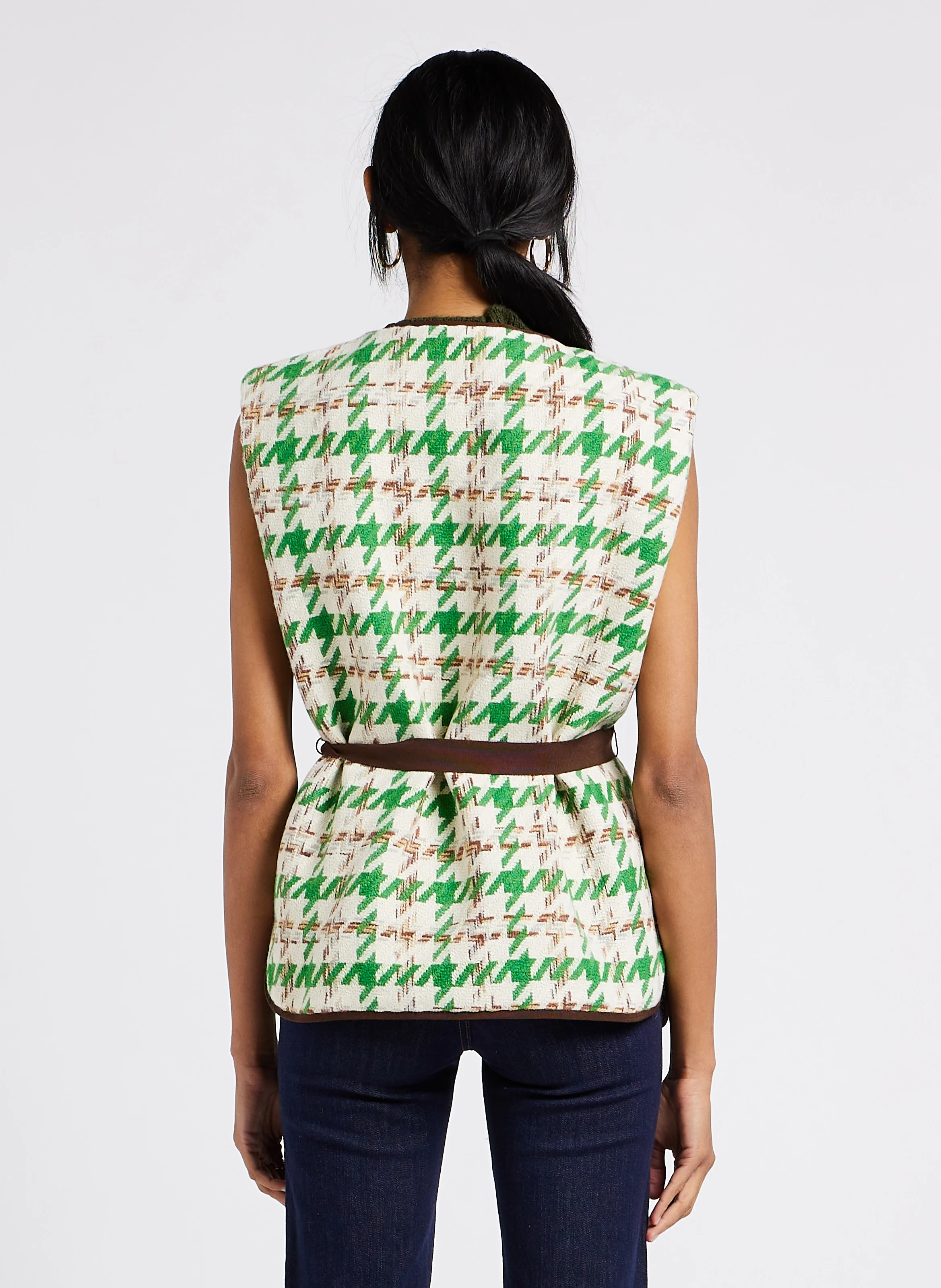 GIFUR - Veste col V en jacquard pied de poule | Beige