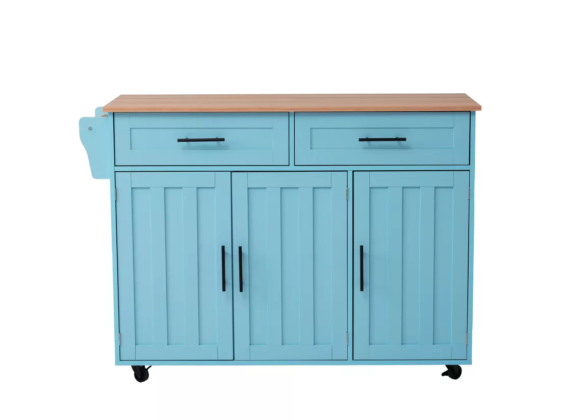 Ilot central de cuisine avec 2 tiroirs - Plateau extensible - pieds en roulettes ou en bois massif - Bleu Ciel