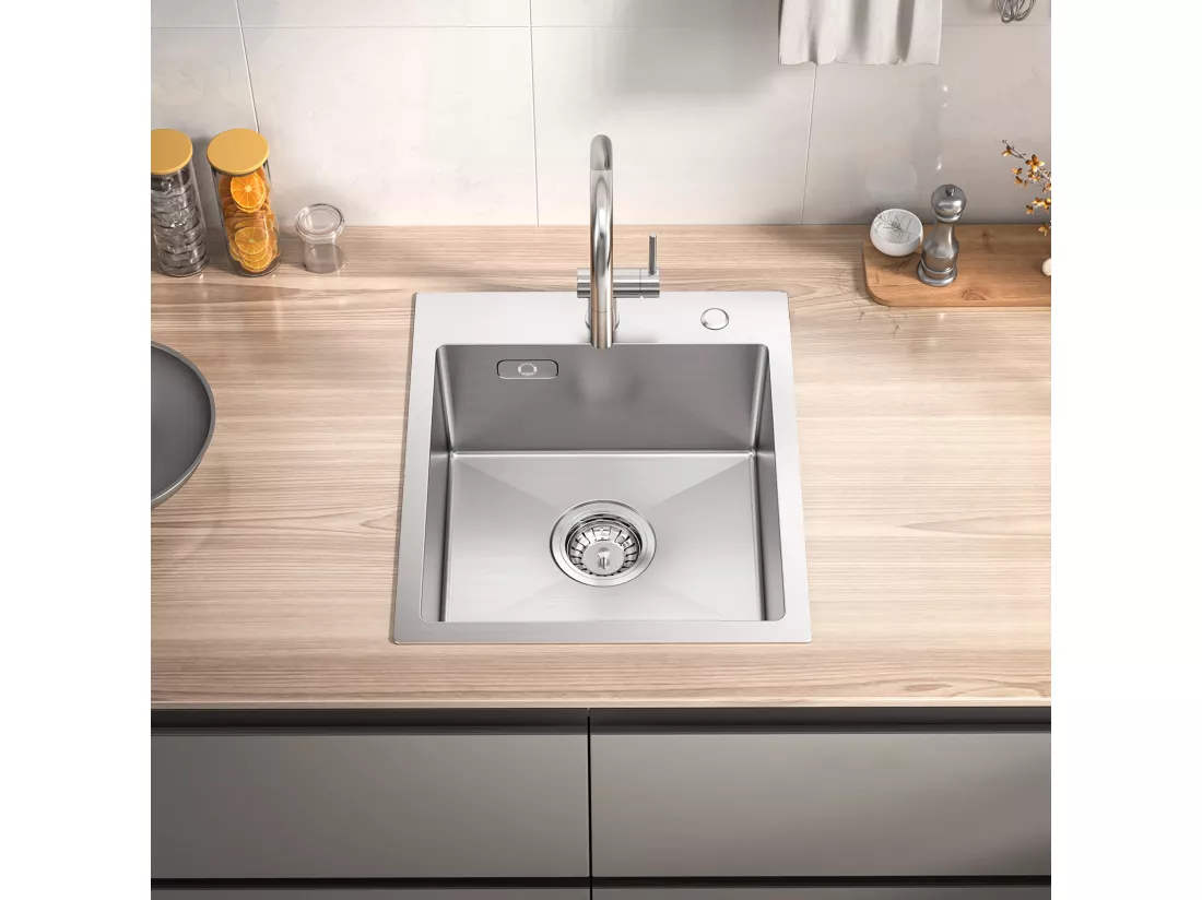 Cecipa MAX Évier Cuisine 1 Bac 40 × 45 cm Évier Inox Brossé + Mitigeur de Cuisine Mural avec 2 Jets Brossé