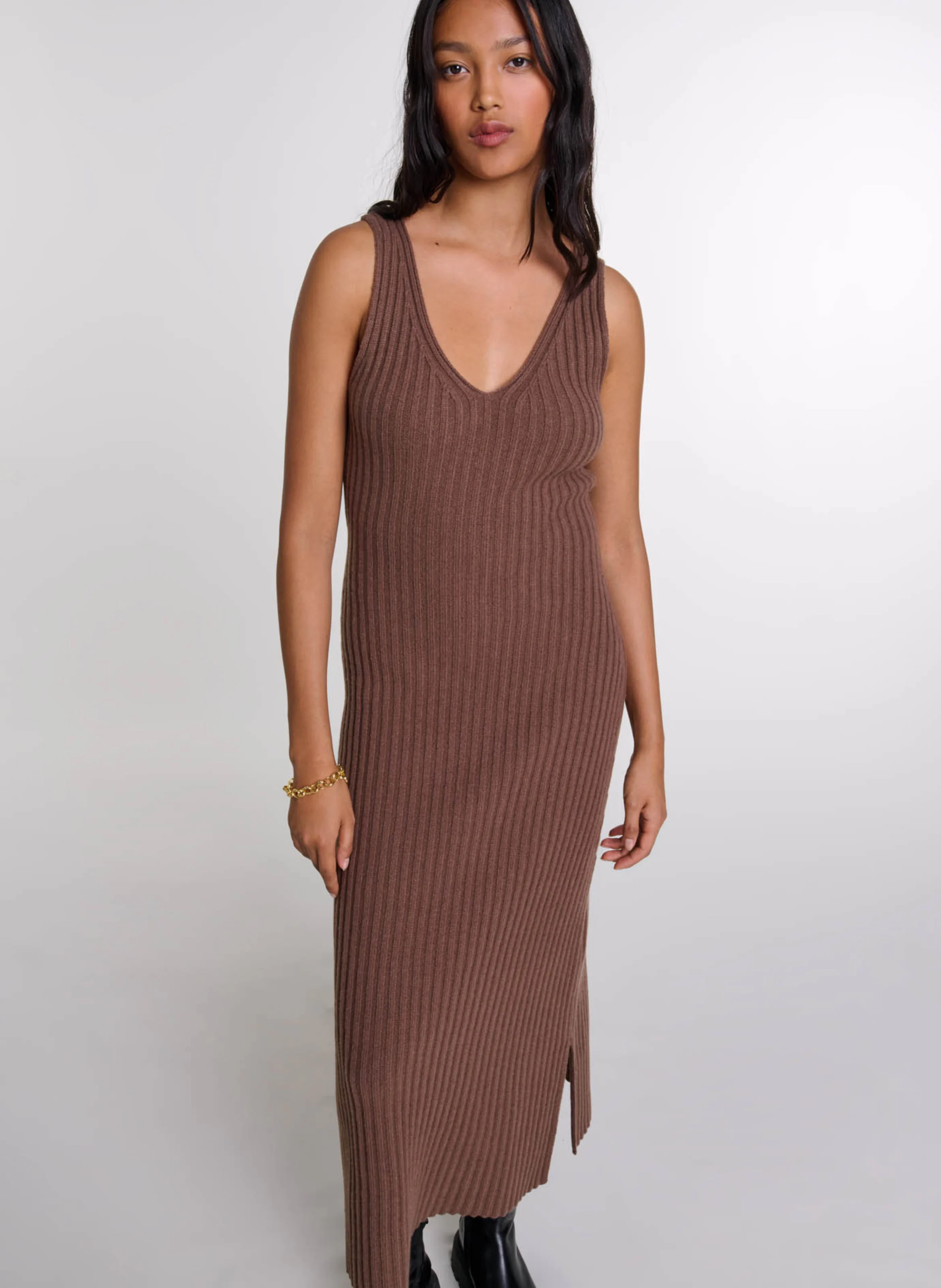 Robe longue deux-en-un en laine| Marron