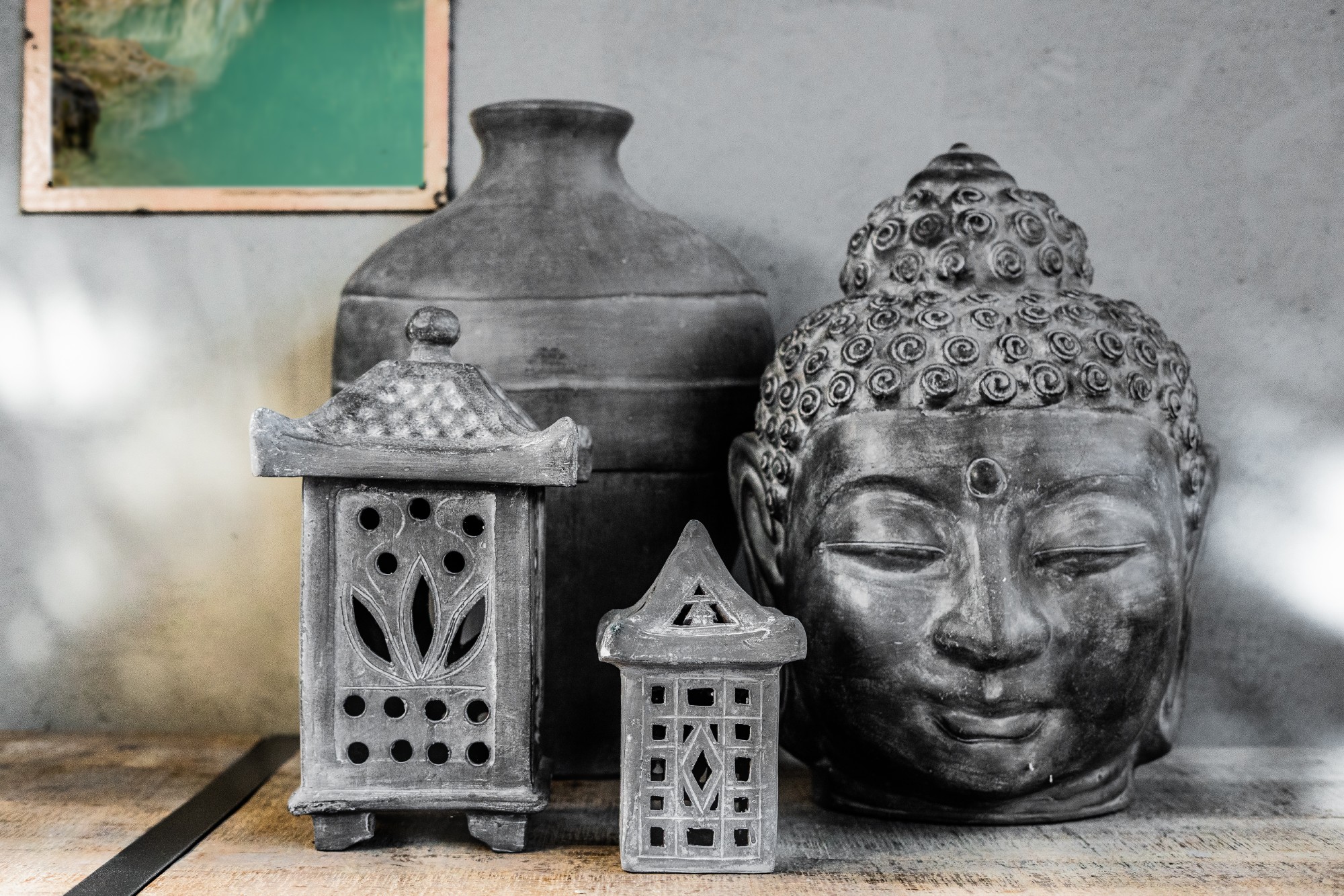 Skulptur 'Buddhakopf' lächelnd, H 58 cm, T 38 cm, B 38 cm von fischer's lagerhaus