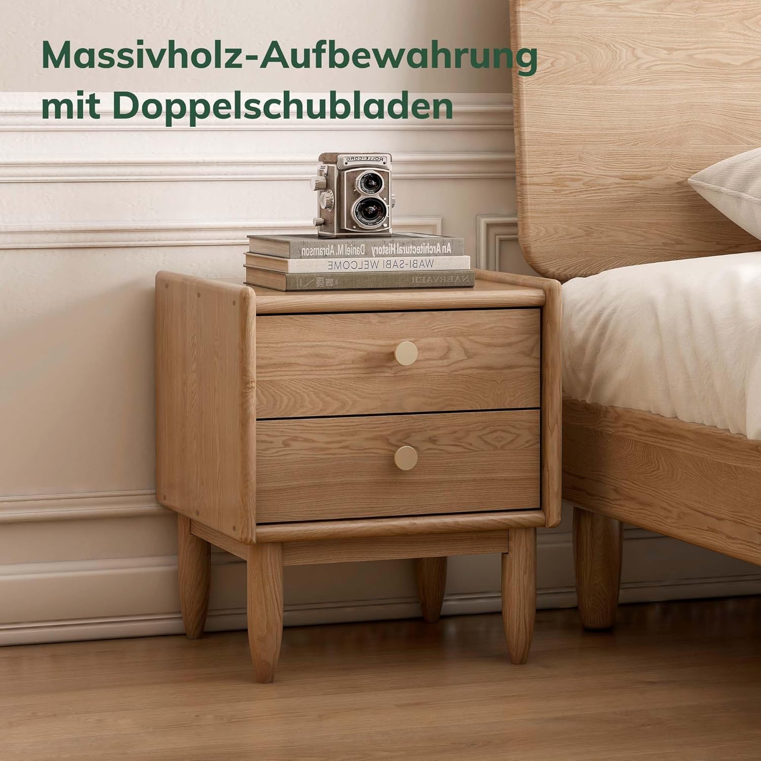 YESWOOD Massivholz Nachttisch mit 2 Schubladen, Nachtschrank aus Eschenholz, Vintage nachttisch, klassisches Design, für Schlafzimmer, bietet Stauraum, 40 x 36 x 46 cm, Naturholzfarbe