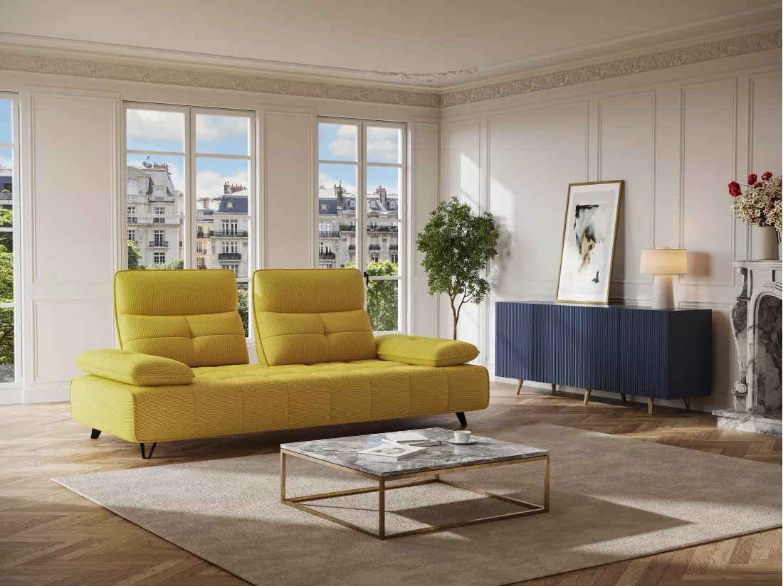 Canapé 3 places en tissu 3D jaune avec dossier avance-recule MERCOTA