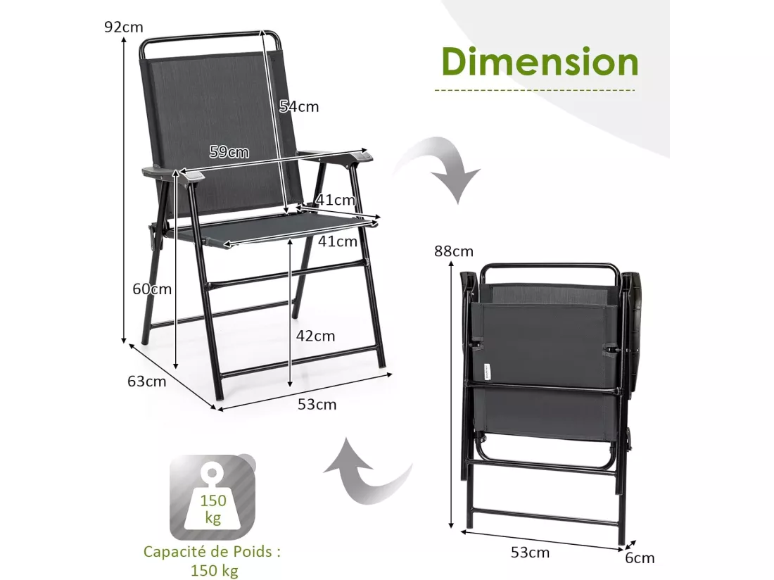 Lot de 4 Chaises de Jardin Pliantes, Chaises d'Extérieur avec Cadre en Métal et Repose-Pieds Antidérapants, Fauteuil de Jardin en Tissu et velours Respirant pour Toutes Saisons, Charge 150 KG(Gris)