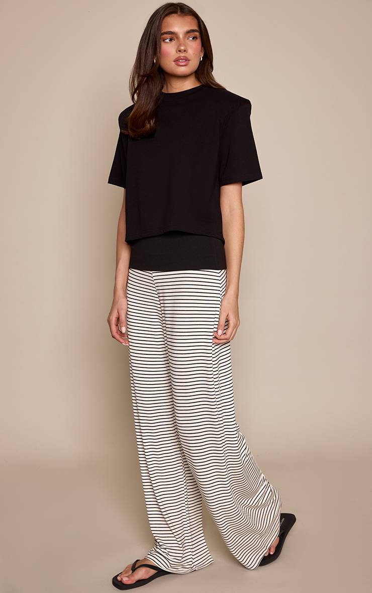 Noir Pantalon Large En Jersey Doux À Rayures Avec Bande De Taille Contrastante