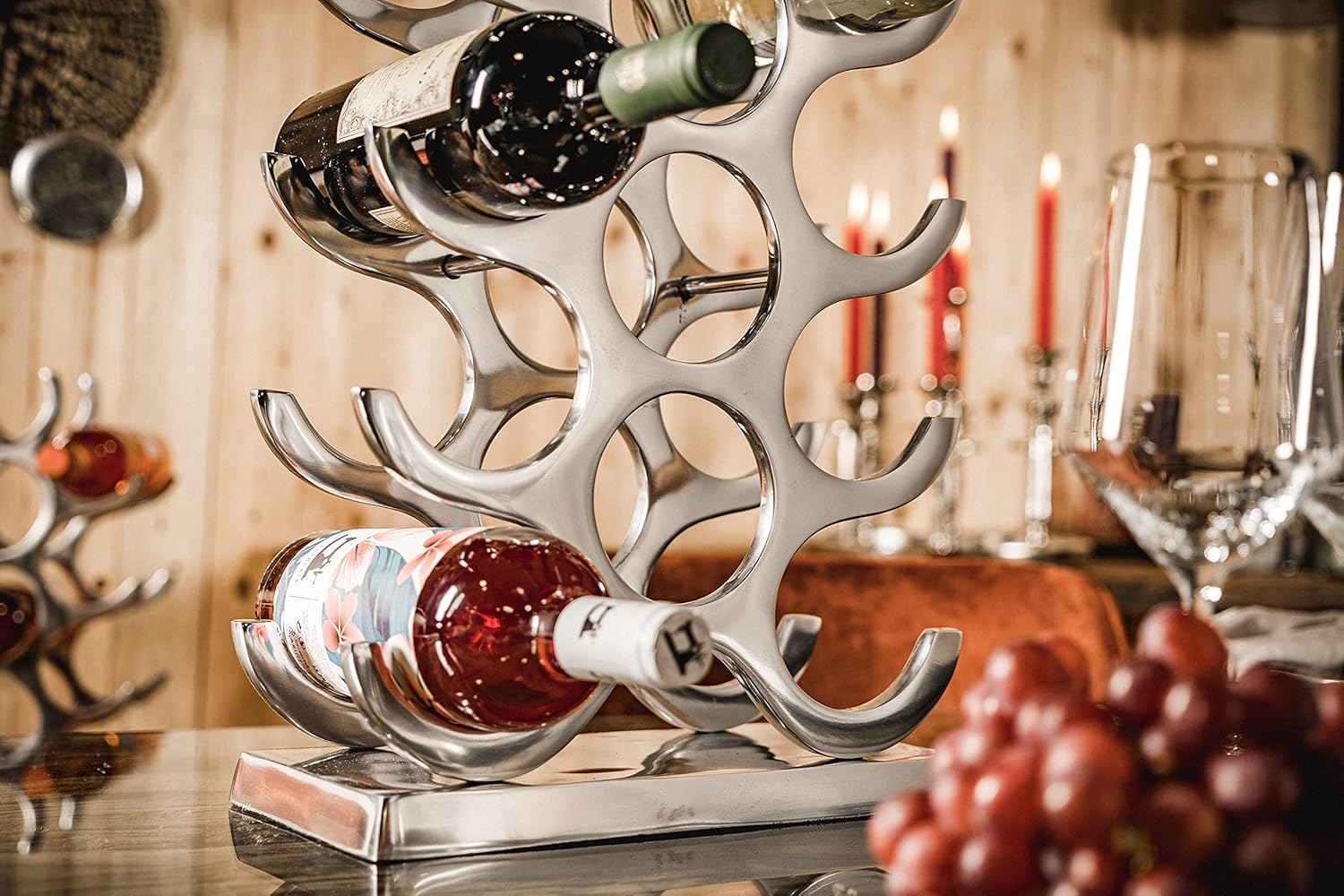MichaelNoll Weinregal Flaschenregal Flasche Aluminium Silber Luxus - Weinständer, Regal Modern aus Metall - Flaschenhalter/Flaschenständer für Flaschen Sekt, Wein und Champagner - 60 cm XL