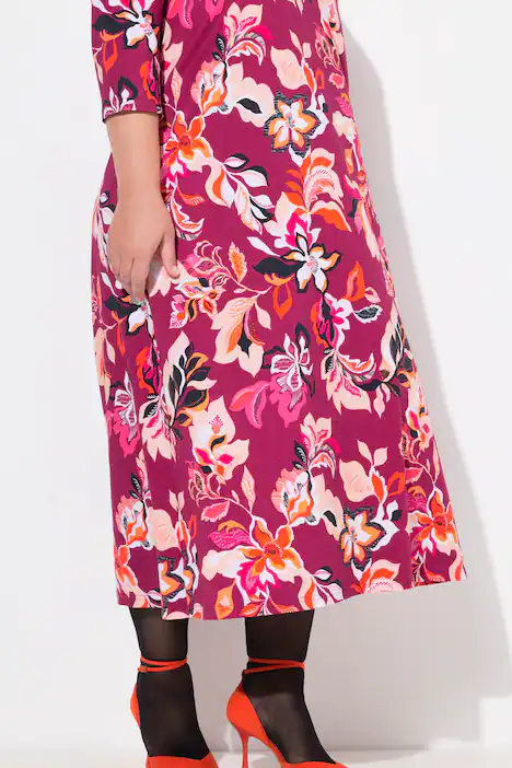 Jerseykleid, Blüten, A-Linie, V-Ausschnitt, 3/4-Arm, dunkle orchidee