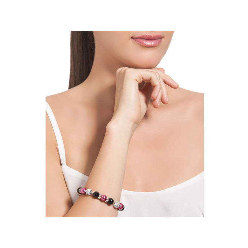 Bracelet 1 Rang en Perles Rose et Noir, Cristal et Plaqué Rhodium