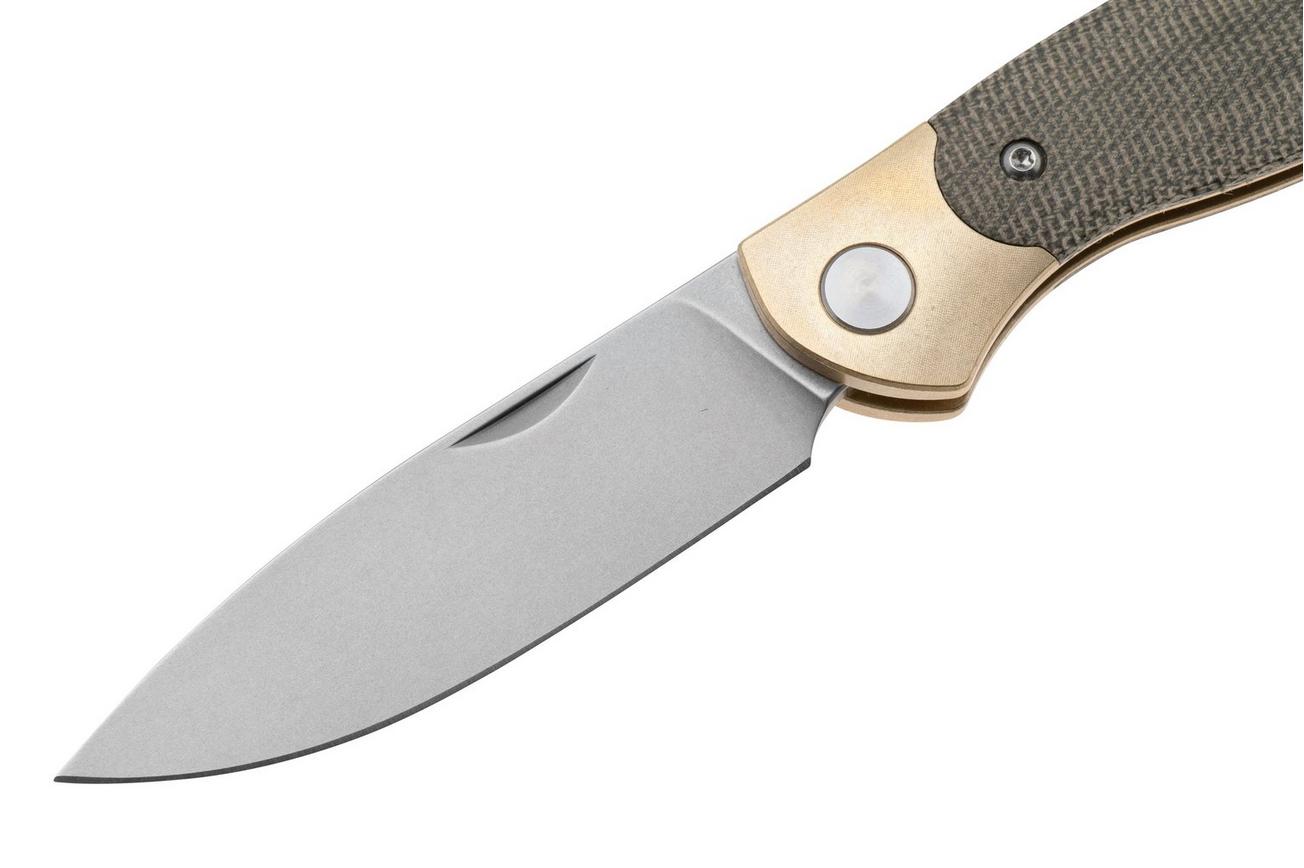 GiantMouse ACE Farley V2 BRASS-B-GRN Stonewashed Elmax, Brass Bolster, Green Micarta, zakmes, Ansø en Voxnaes design